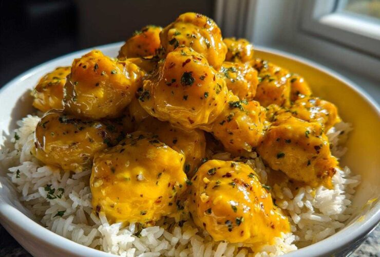 A bowl filled with white rice topped generously with glossy, yellow Garlic Butter Chicken Bites sprinkled with herbs.