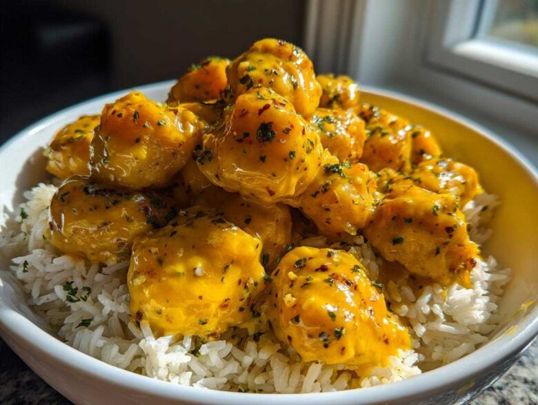A bowl filled with white rice topped generously with glossy, yellow Garlic Butter Chicken Bites sprinkled with herbs.