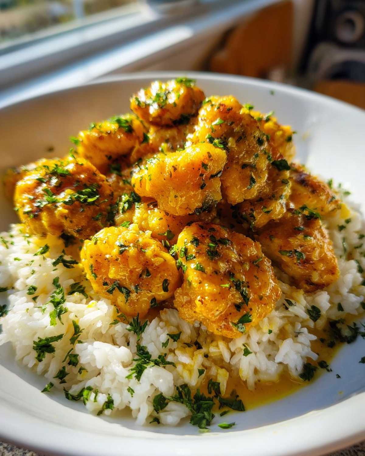 Close-up of golden Garlic Butter Chicken Bites generously spooned over fluffy white rice and garnished with fresh parsley.