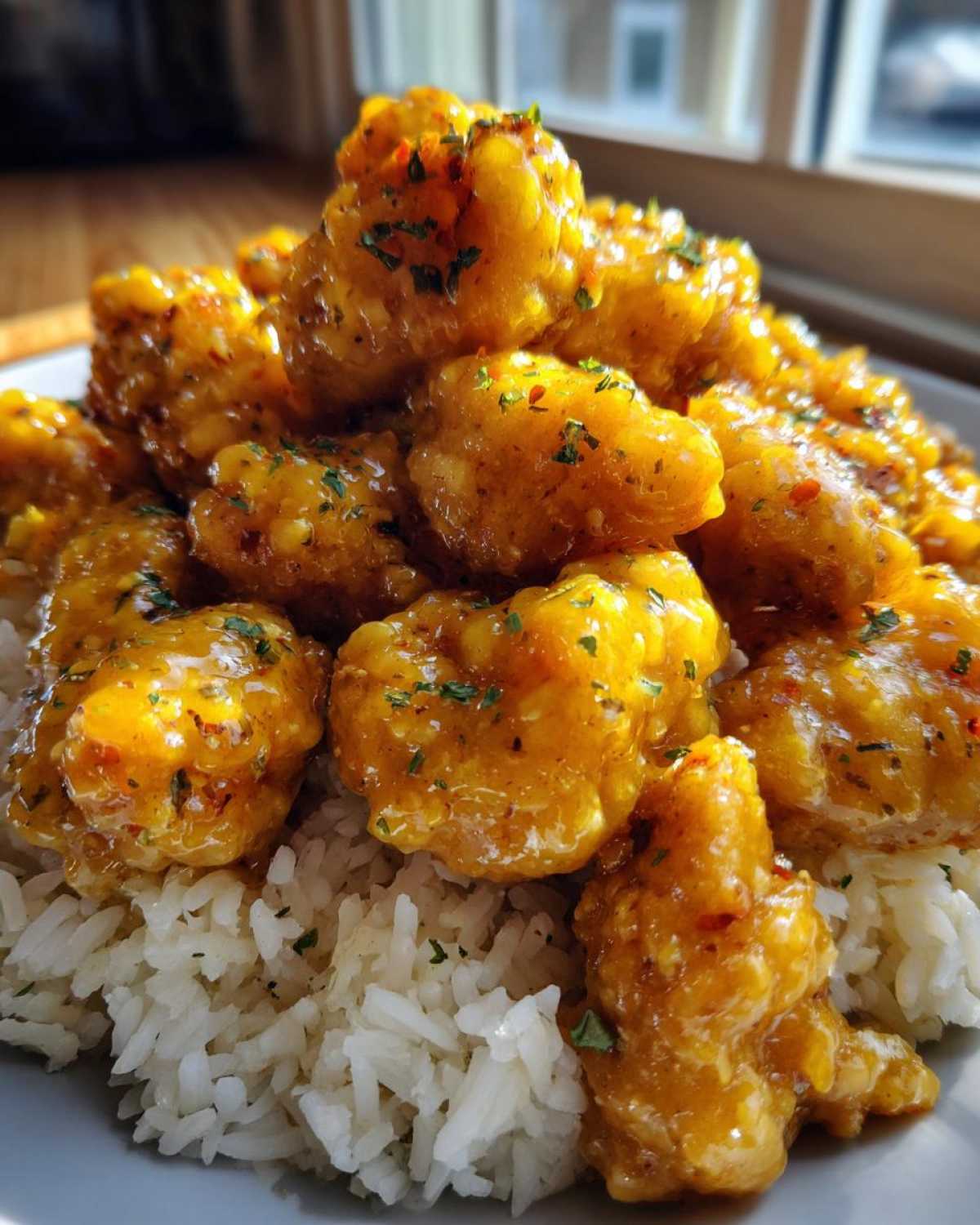Close-up of golden Garlic Butter Chicken Bites coated in a glossy sauce and sprinkled with herbs, served over a bed of fluffy white rice.