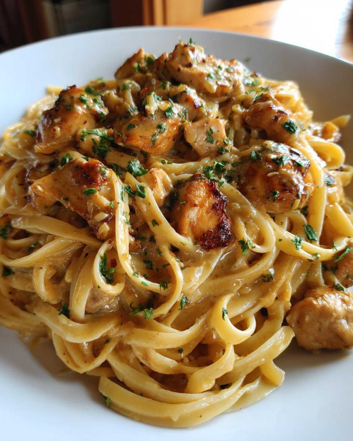 A close-up view of rich Garlic Butter Chicken Pasta with cream sauce and chopped parsley garnish.
