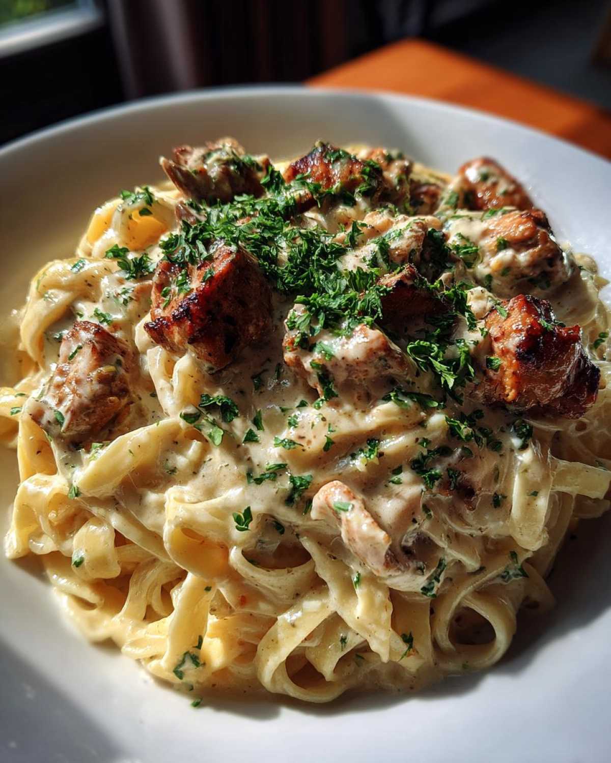 Close-up of rich Garlic Butter Chicken Pasta with fettuccine noodles and chunks of seasoned chicken, topped with parsley.