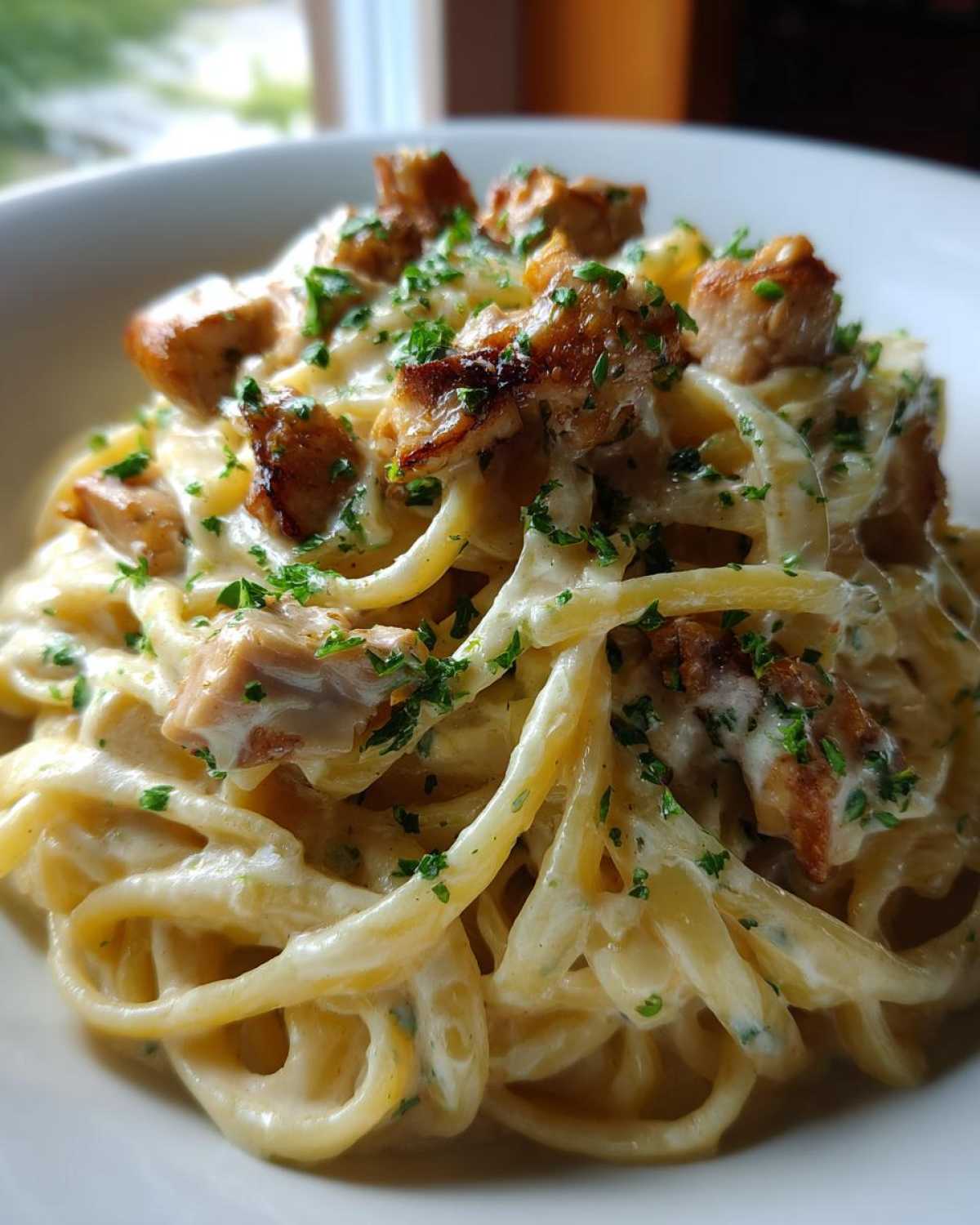 Close-up of Garlic Butter Chicken Pasta with cream sauce, topped with browned chicken pieces and fresh parsley.