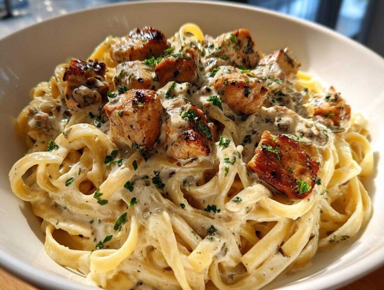 Close-up of rich Garlic Butter Chicken Pasta with fettuccine noodles coated in a creamy sauce and topped with seared chicken pieces.