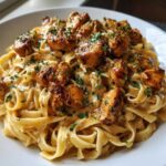 A close-up shot of creamy fettuccine pasta topped with seasoned chicken pieces in a rich Garlic Butter Chicken Pasta with Cream Sauce, garnished with parsley.