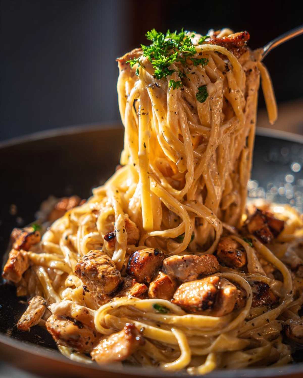 A fork lifts a generous portion of Garlic Butter Chicken Pasta with cream sauce, topped with fresh parsley.