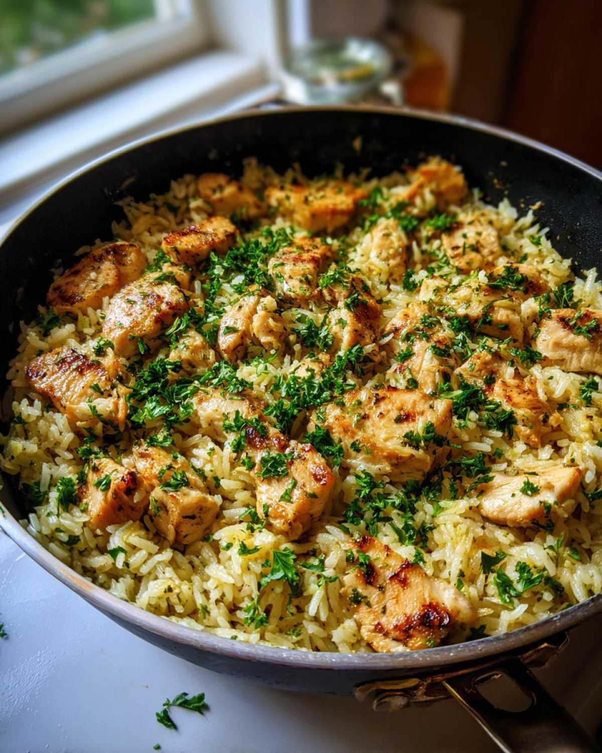 Close-up of Garlic Butter Rice with Chicken Skillet, topped generously with fresh chopped parsley.