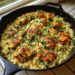 Close-up of seared chicken pieces nestled in creamy Garlic Butter Rice with Chicken Skillet, topped with fresh parsley.