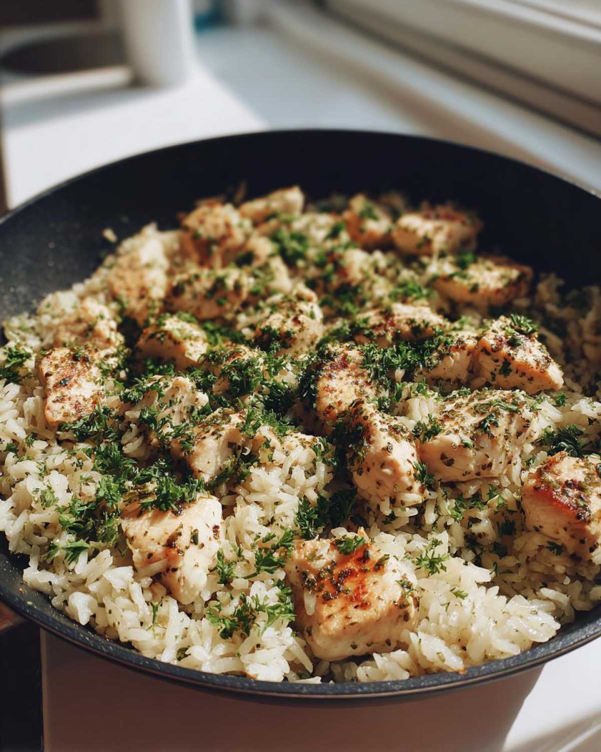 Close-up of Garlic Butter Rice with Chicken Skillet, topped generously with fresh chopped parsley.