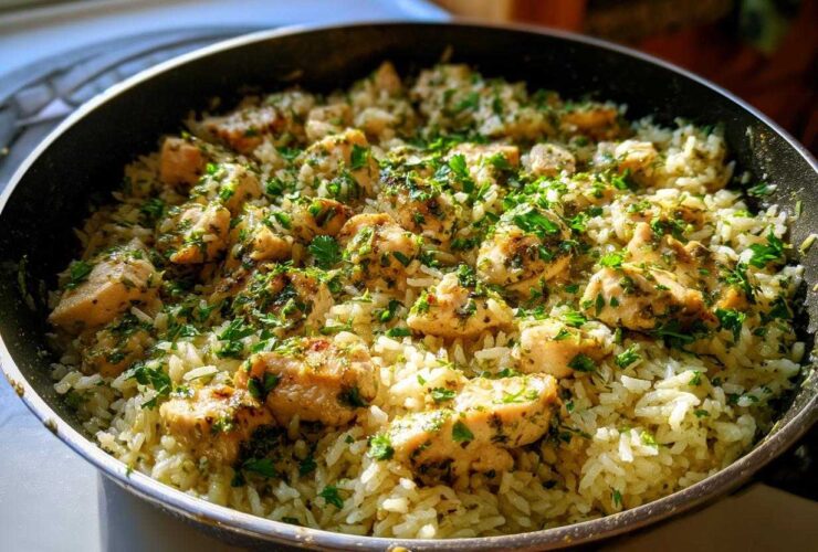 Close-up of Garlic Butter Rice with Chicken Skillet, topped generously with fresh chopped parsley.