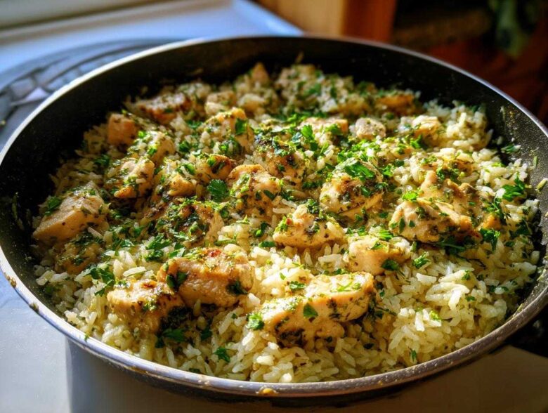 Close-up of Garlic Butter Rice with Chicken Skillet, topped generously with fresh chopped parsley.