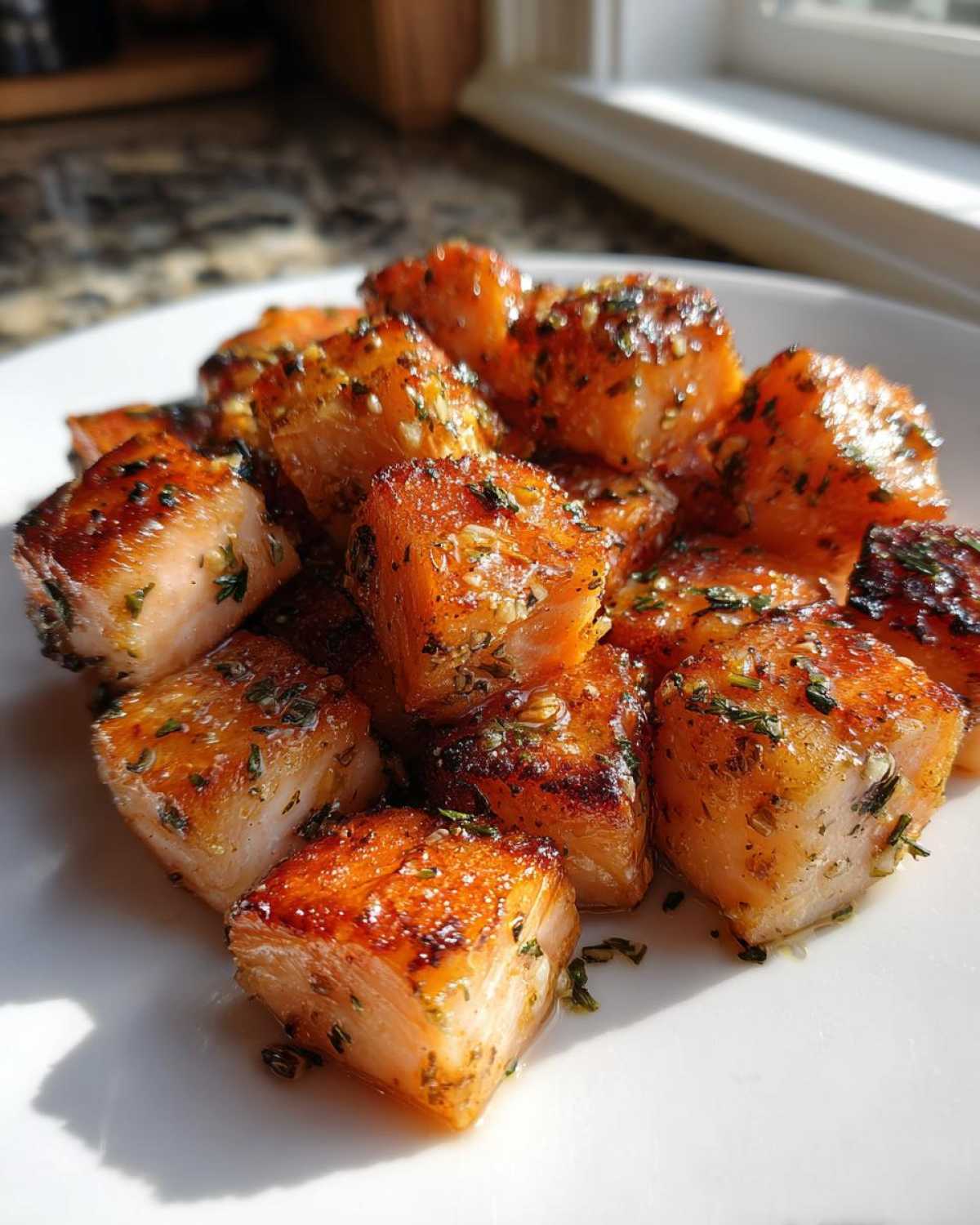 Close-up of perfectly seared Garlic Butter Salmon Bites, glistening with butter and herbs on a white plate.