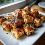 A plate piled high with crispy and juicy Garlic Butter Salmon Bites, glistening with butter and herbs.