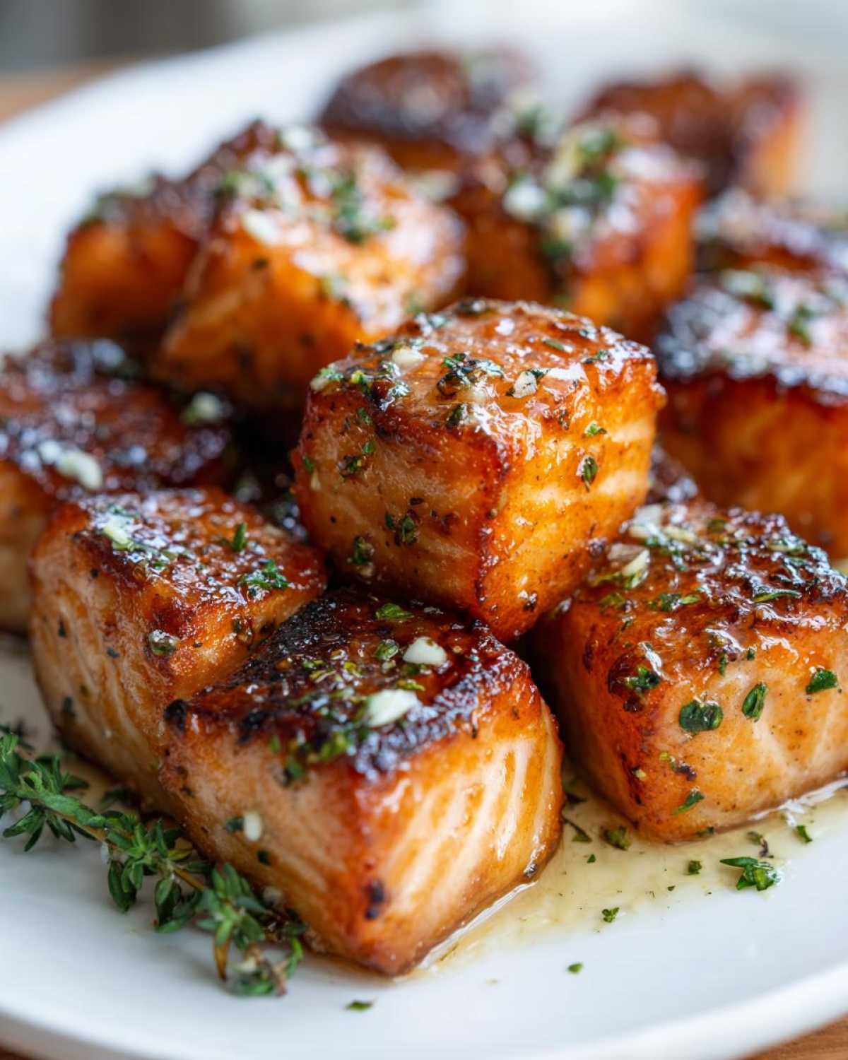 Close-up of perfectly seared Garlic Butter Salmon Bites Crispy and Juicy, glistening with butter sauce and topped with herbs.