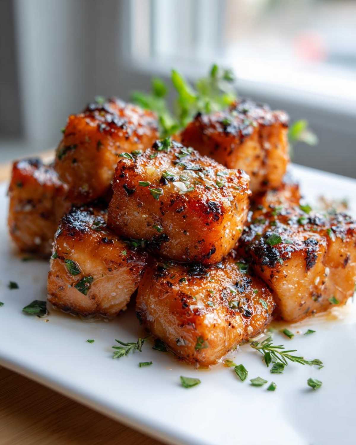 A close-up of several crispy and juicy Garlic Butter Salmon Bites stacked on a white plate, glistening with sauce and herbs.