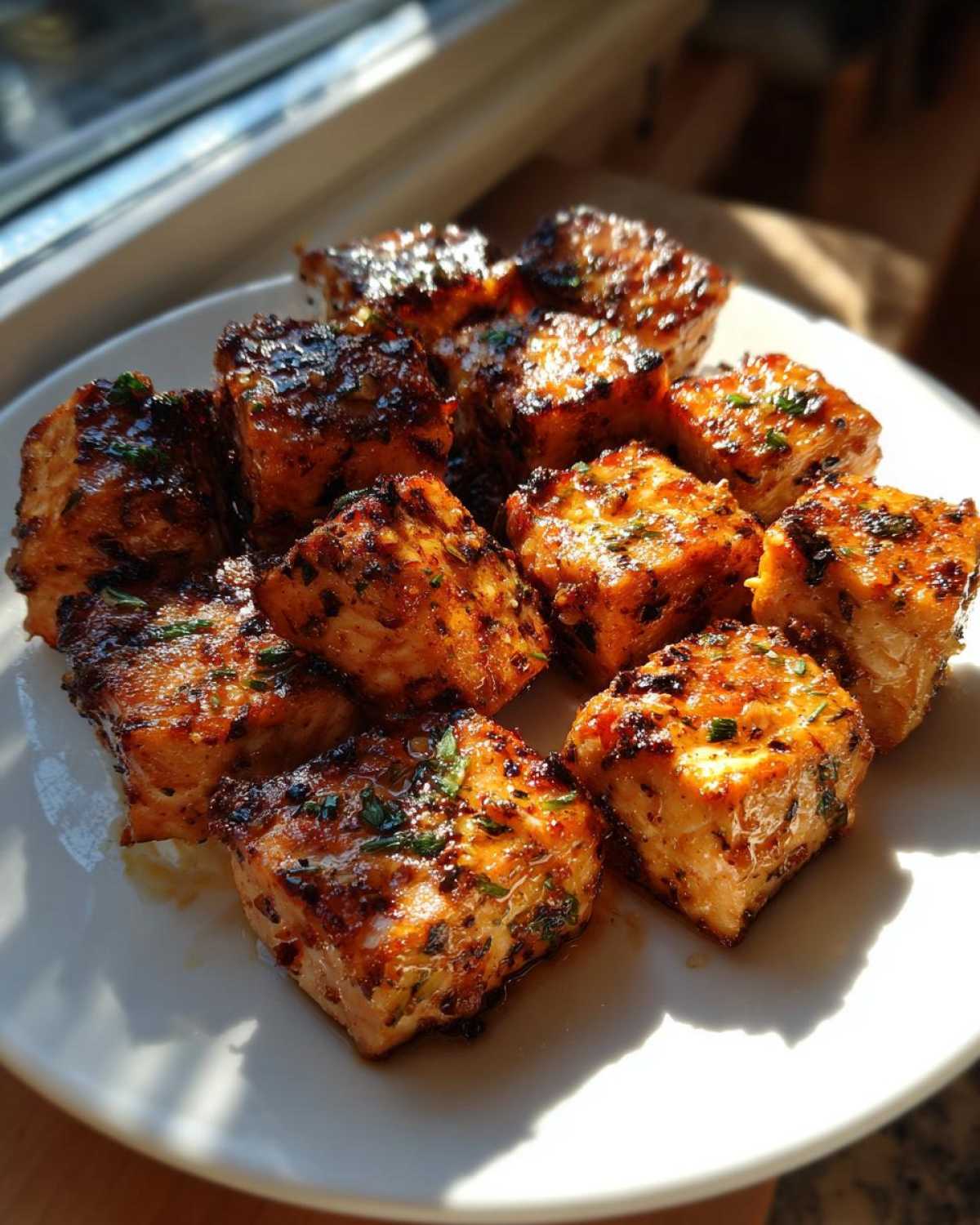 Close-up of several crispy and juicy Garlic Butter Salmon Bites arranged on a white plate, glistening in the sunlight.