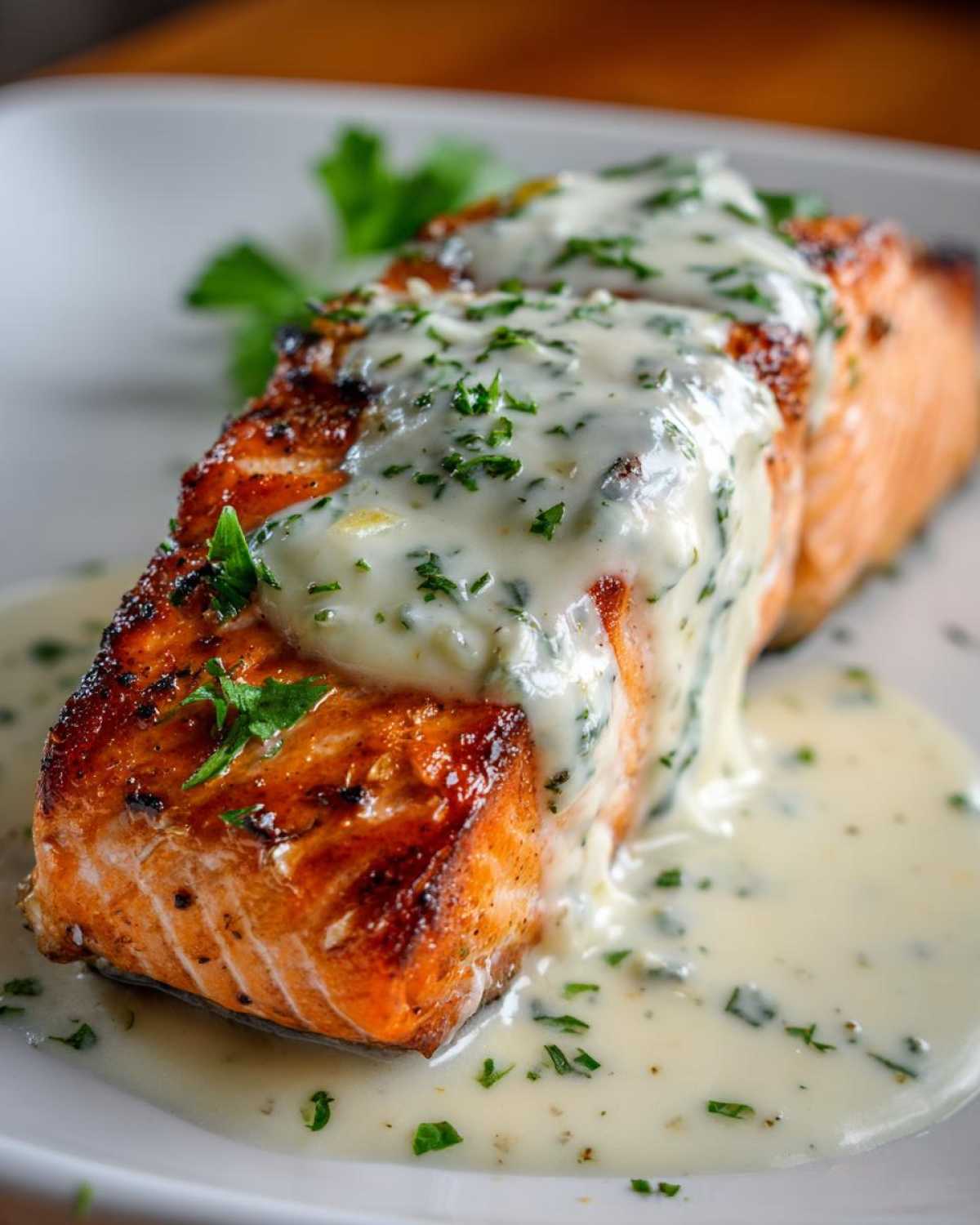 Close-up of a perfectly seared fillet of Garlic Butter Salmon topped with a rich, creamy lemon sauce and fresh parsley.