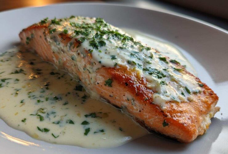 A perfectly cooked fillet of Garlic Butter Salmon resting in a pool of creamy lemon sauce, topped with fresh parsley.