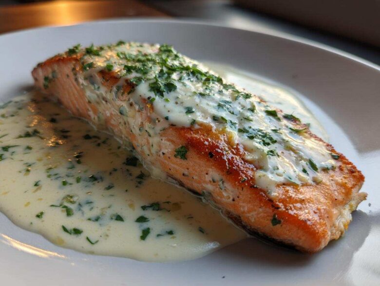 A perfectly cooked fillet of Garlic Butter Salmon resting in a pool of creamy lemon sauce, topped with fresh parsley.