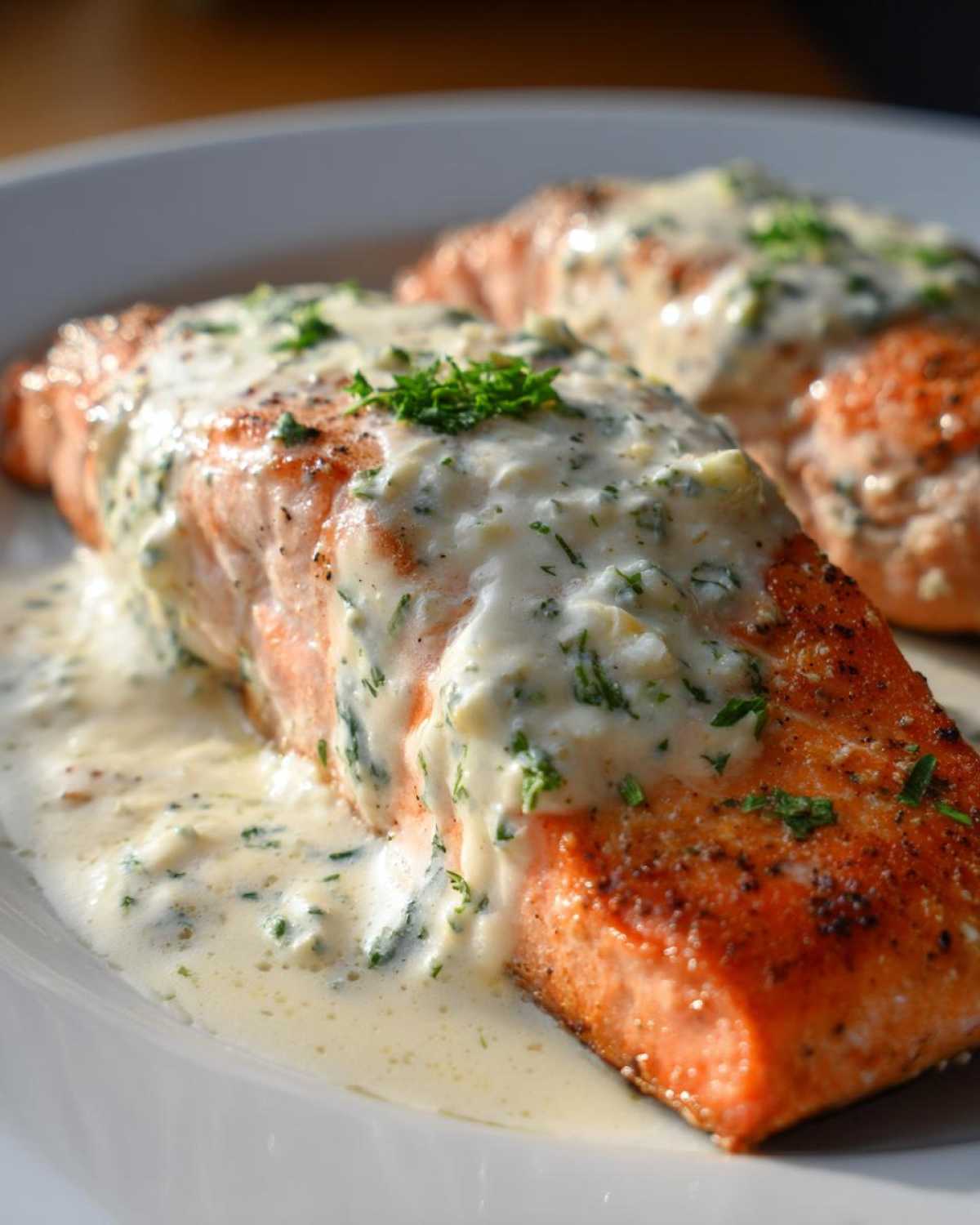 Close-up of perfectly cooked Garlic Butter Salmon with a rich, creamy lemon sauce and fresh parsley garnish.