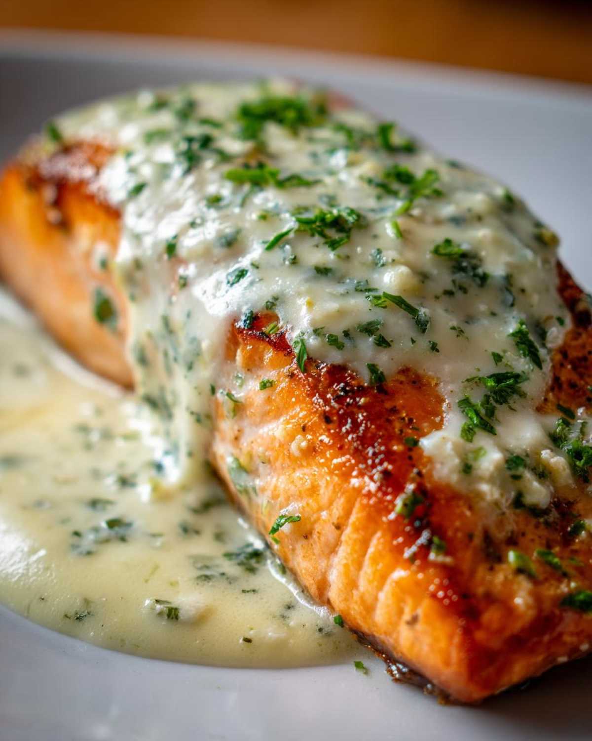 Close-up of perfectly cooked salmon fillet topped with creamy lemon sauce and fresh parsley.