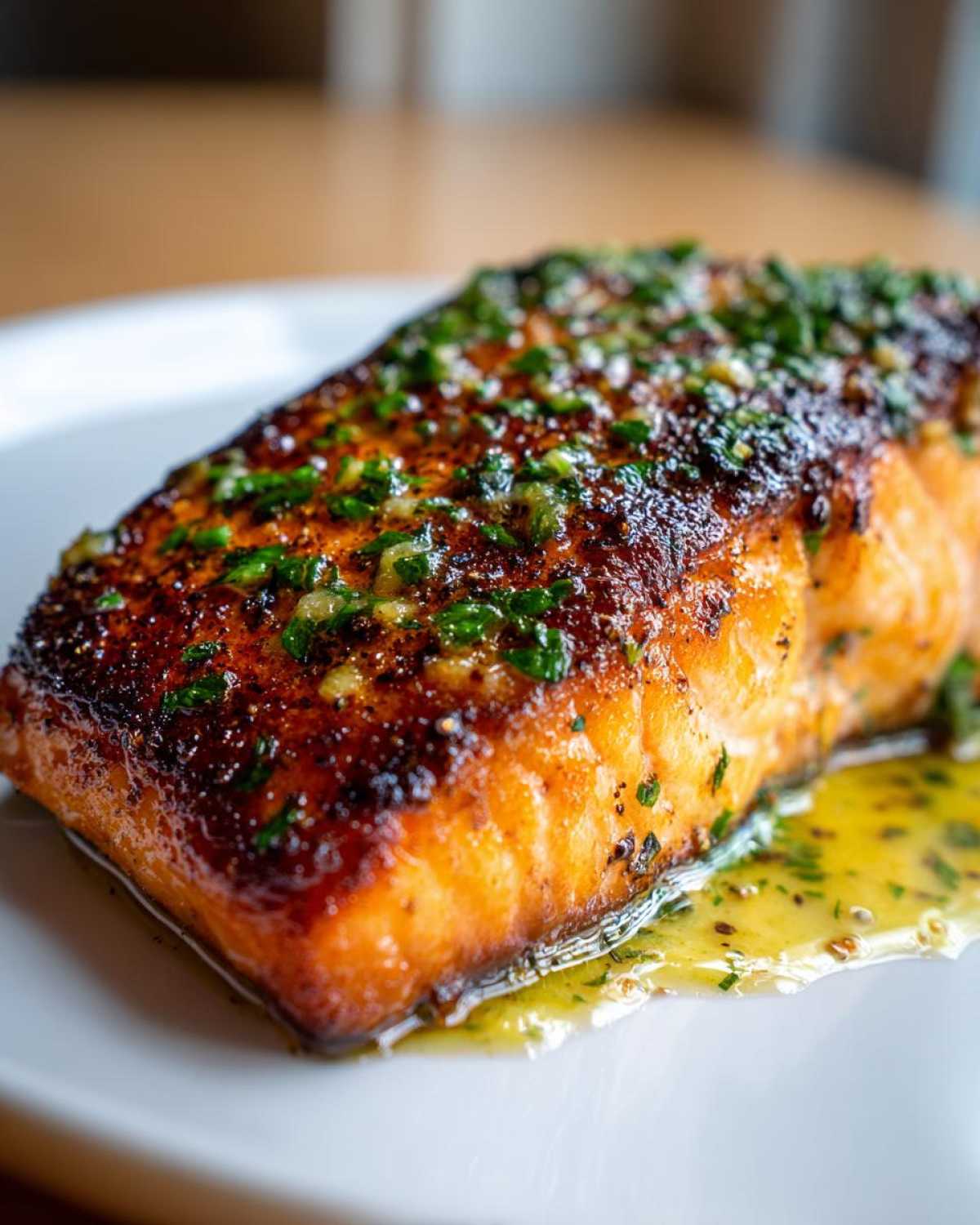 Close-up of a perfectly cooked fillet from the Garlic Butter Salmon with Crispy Skin Recipe, topped with herbs.