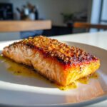 A perfectly cooked fillet of Garlic Butter Salmon with Crispy Skin Recipe resting in melted butter sauce on a white plate.
