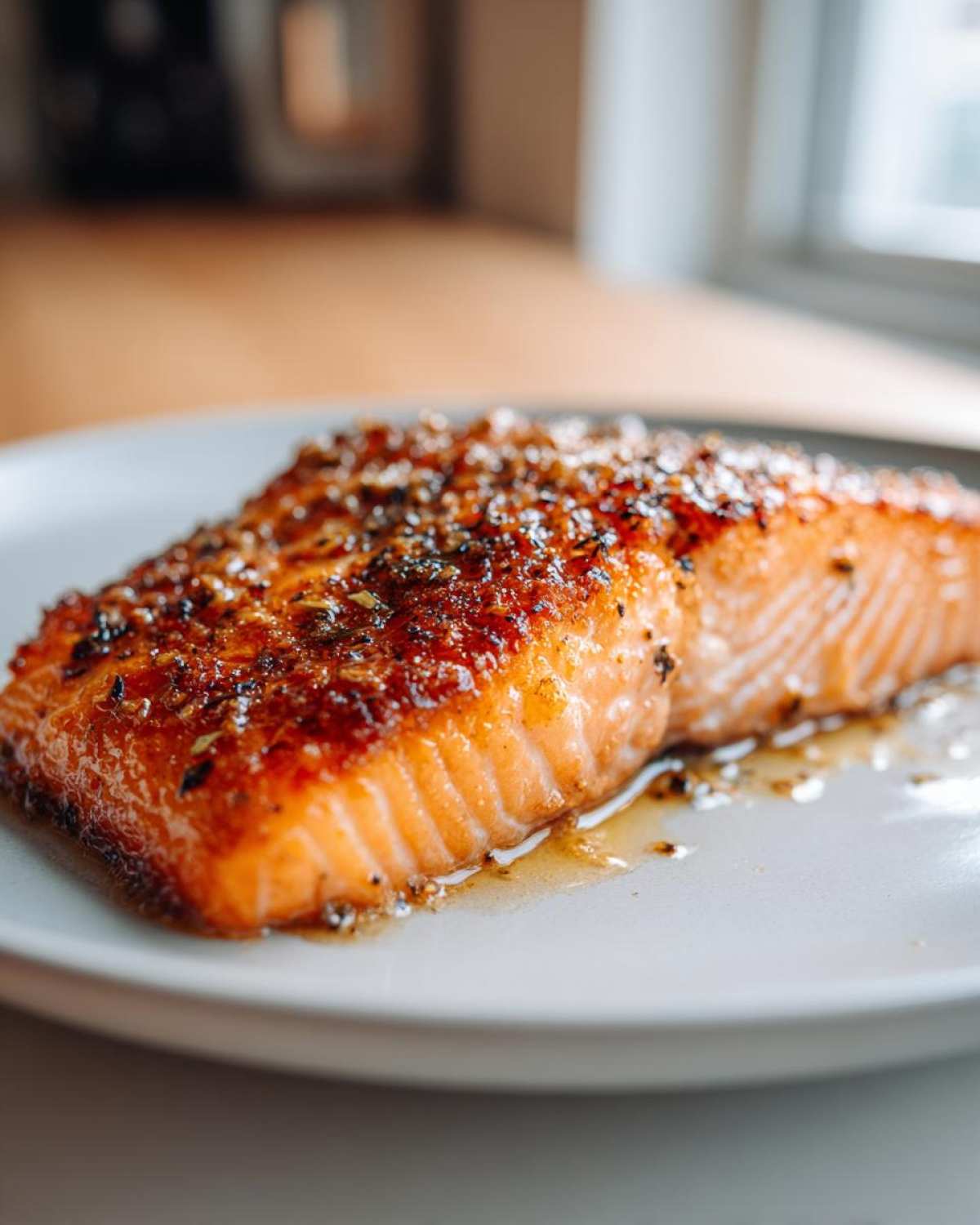 Close-up of a perfectly cooked fillet of Garlic Butter Salmon with crispy, seasoned skin resting on a light gray plate.