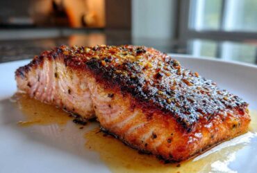 Close-up of a perfectly cooked fillet of Garlic Butter Salmon with Crispy Skin Recipe, glistening with butter sauce.