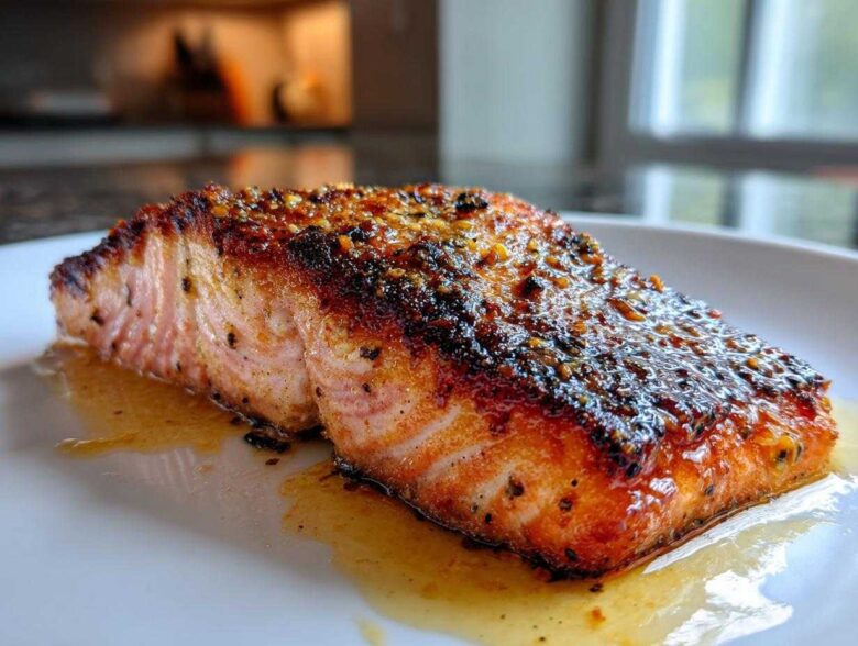 Close-up of a perfectly cooked fillet of Garlic Butter Salmon with Crispy Skin Recipe, glistening with butter sauce.