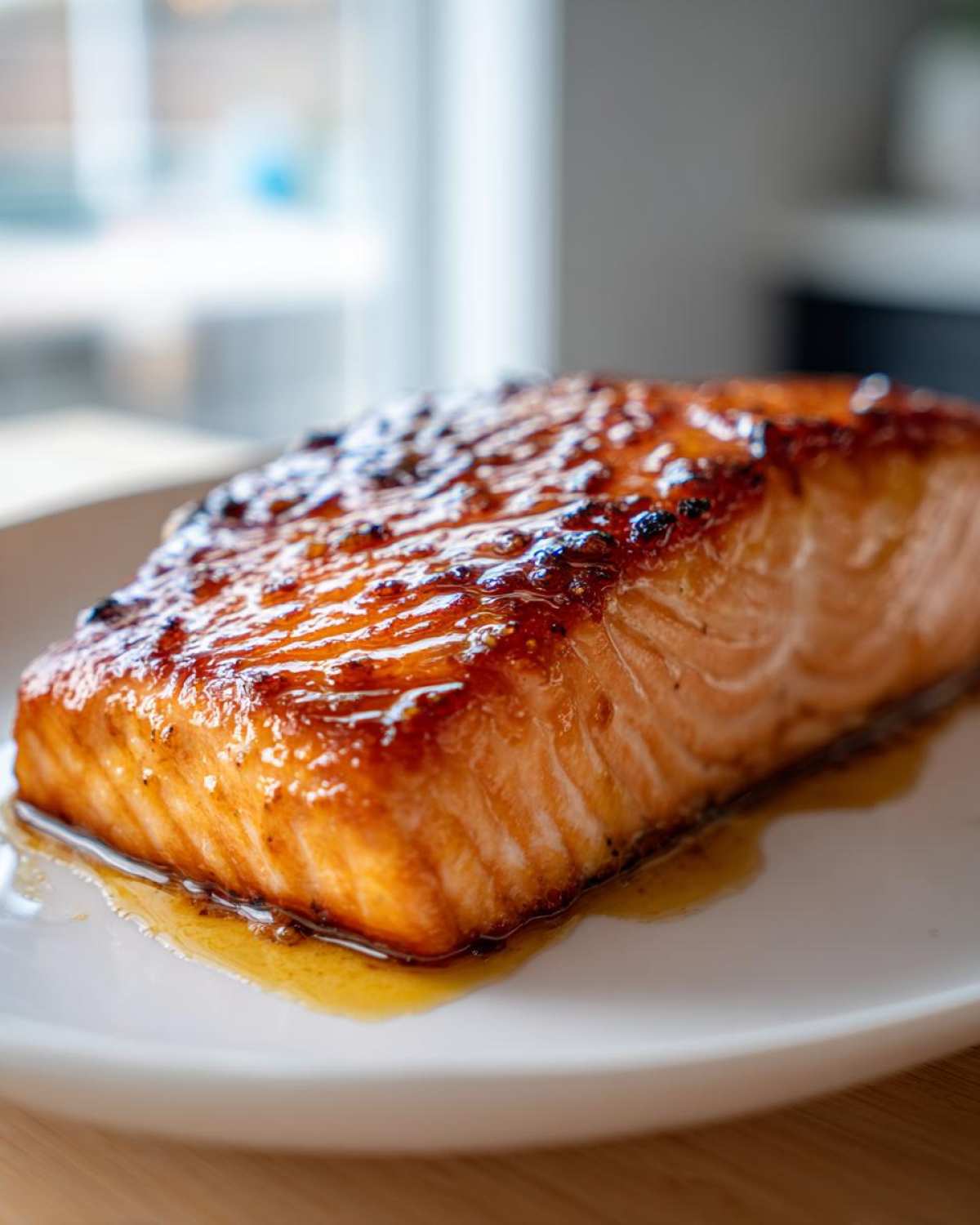 Close-up of a perfectly cooked fillet of Garlic Butter Salmon with crispy, caramelized skin resting in sauce.