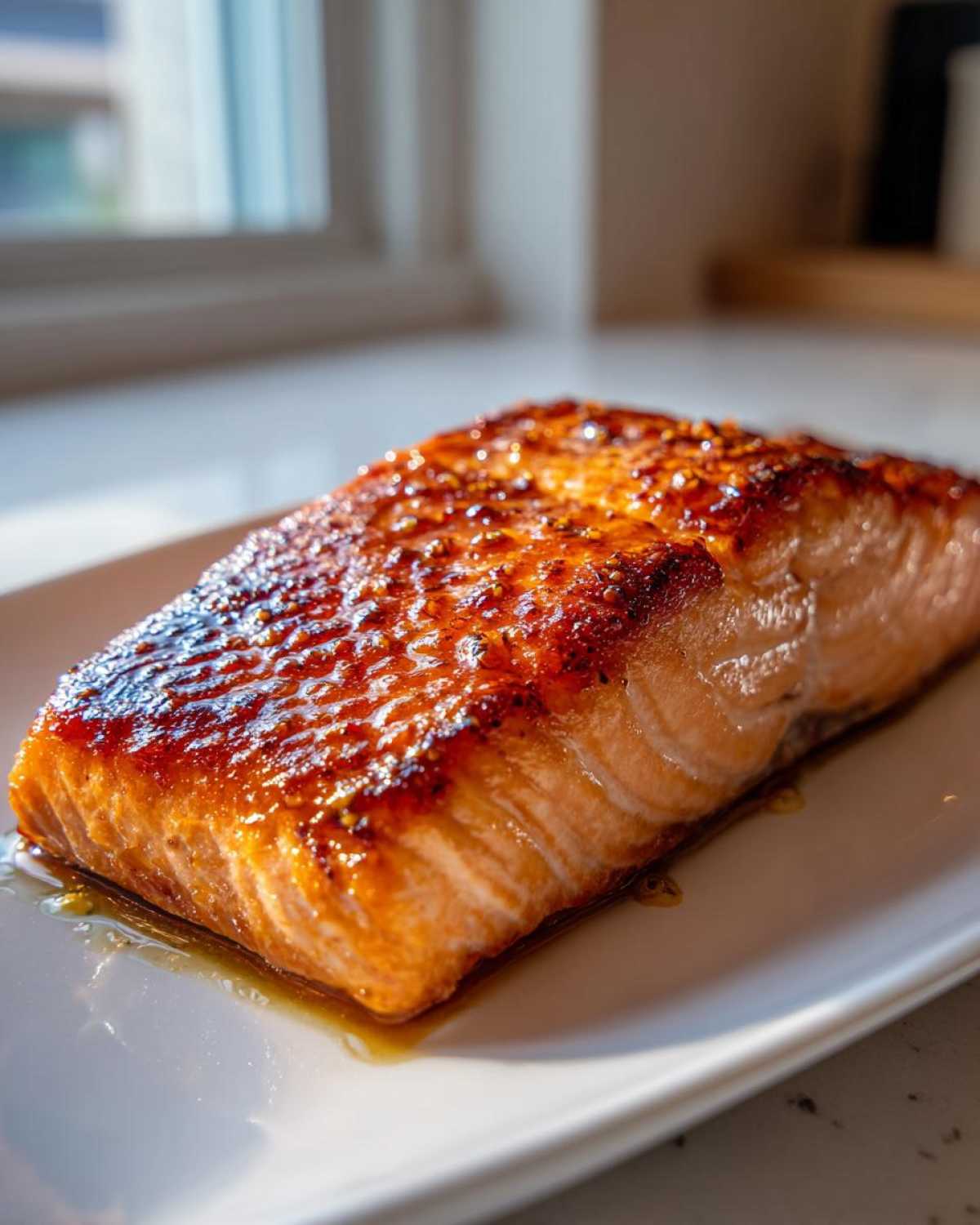 A close-up of a perfectly cooked fillet of Garlic Butter Salmon with crispy, glazed skin resting on a white plate.