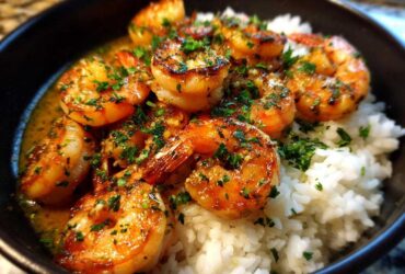 Close-up of succulent Garlic Butter Shrimp and Rice served in a black bowl, topped with fresh parsley.