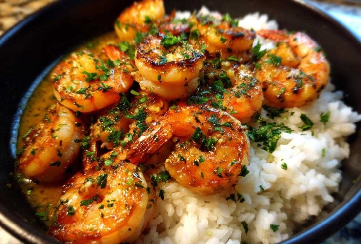 Close-up of succulent Garlic Butter Shrimp and Rice served in a black bowl, topped with fresh parsley.