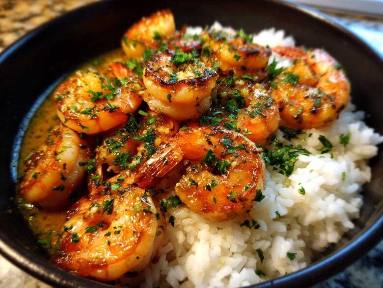 Close-up of succulent Garlic Butter Shrimp and Rice served in a black bowl, topped with fresh parsley.