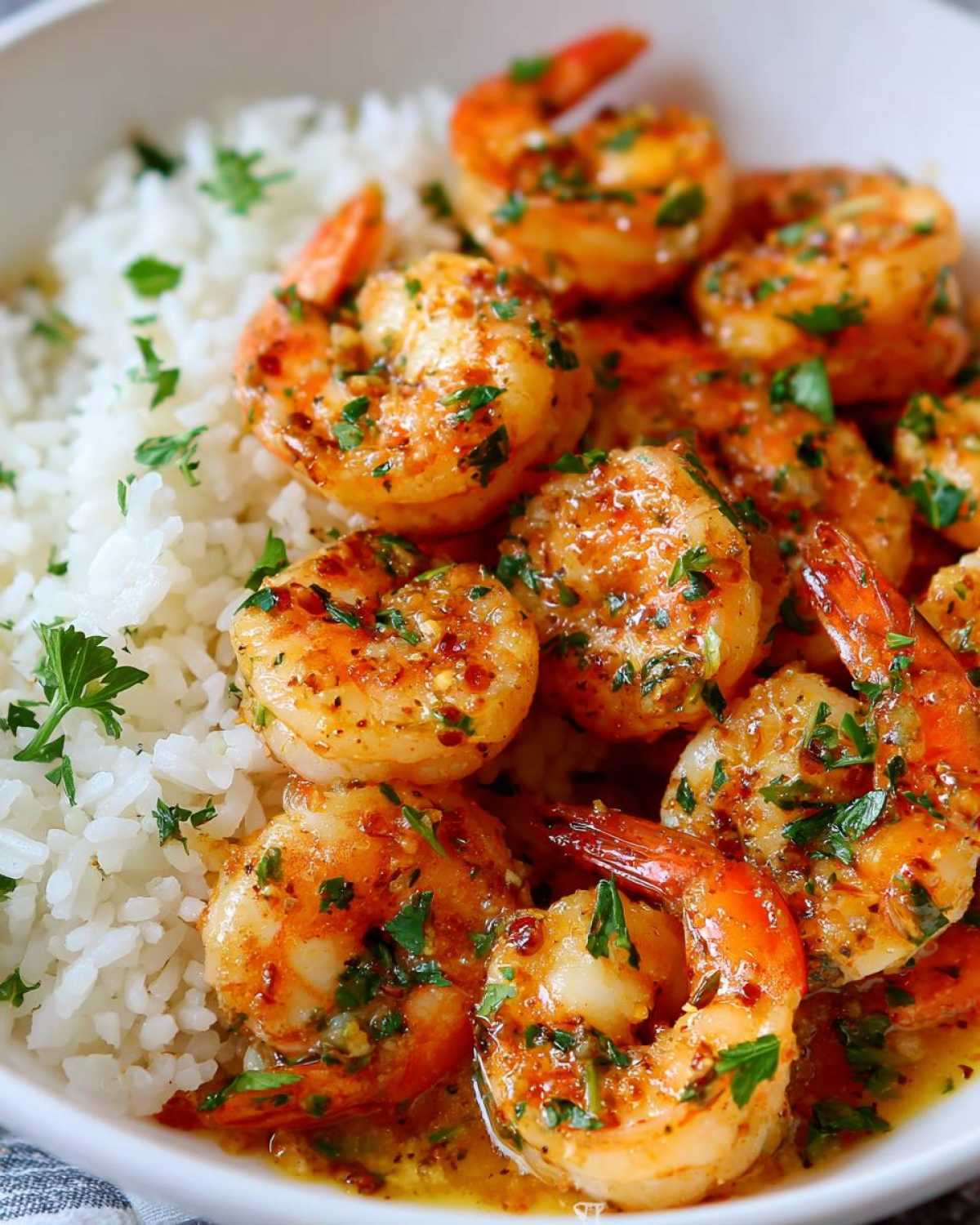 Close-up of succulent shrimp coated in garlic butter sauce served over fluffy white rice for a Garlic Butter Shrimp and Rice Easy Recipe.