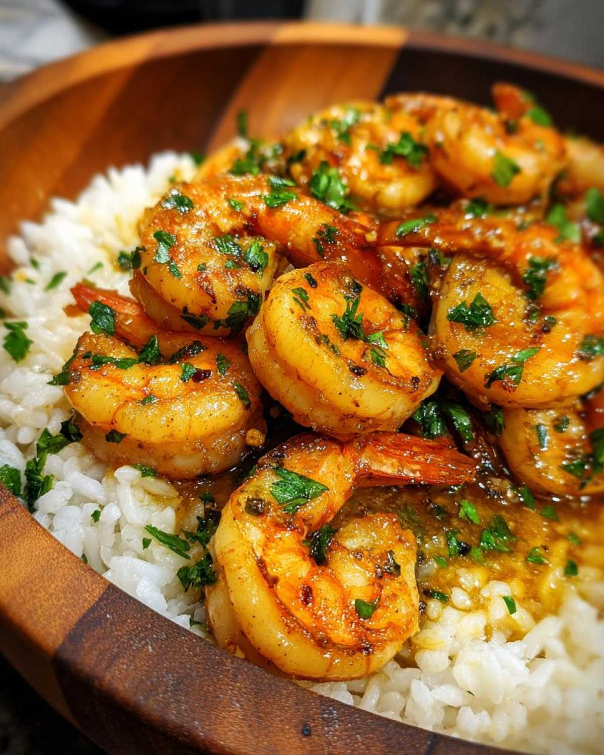 Close-up of Garlic Butter Shrimp and Rice served in a rustic wooden bowl, garnished with parsley.