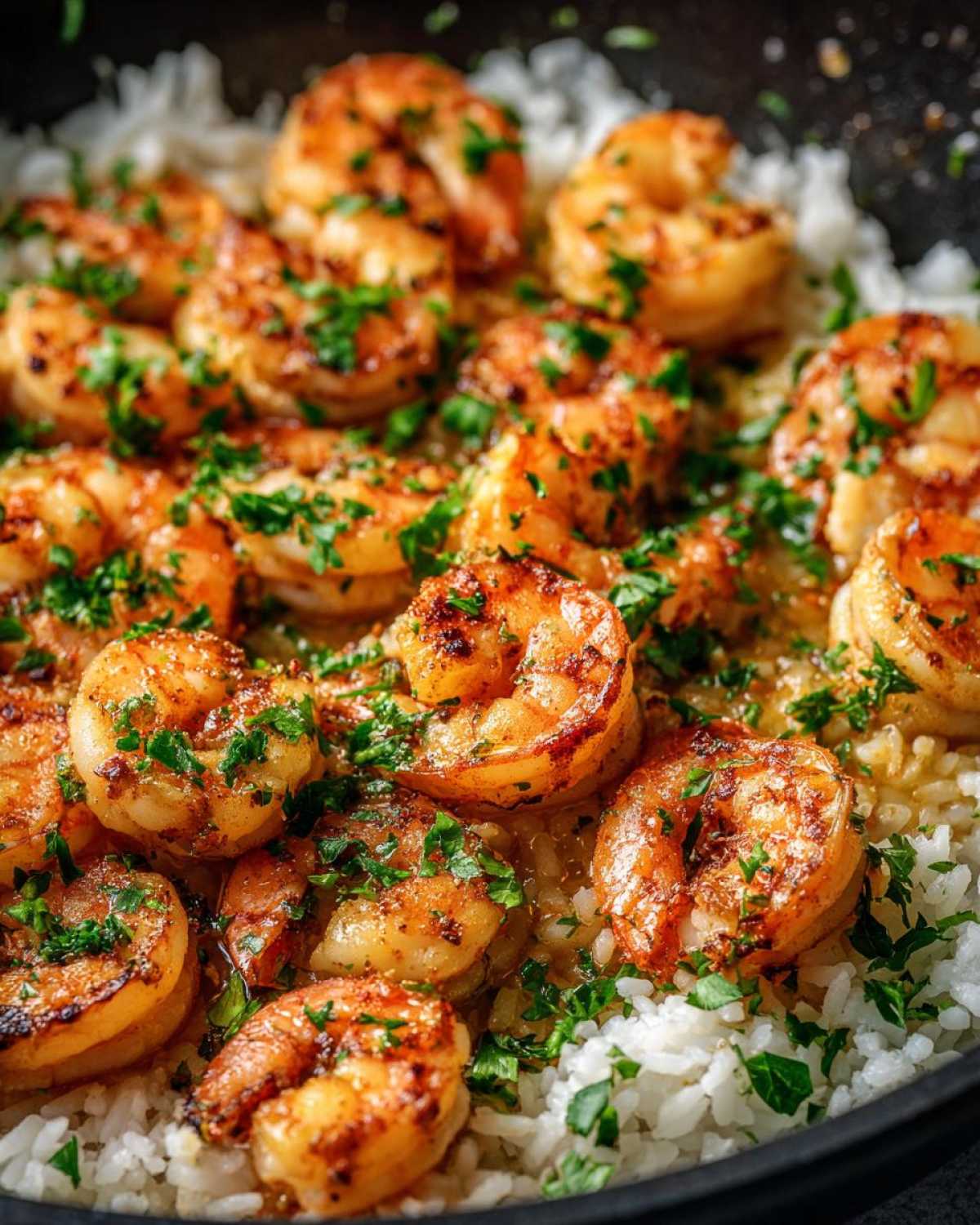 Close-up of perfectly cooked shrimp coated in garlic butter sauce served over fluffy white rice for the Garlic Butter Shrimp and Rice Easy Recipe.