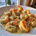 Plump shrimp coated in a rich Garlic Butter Shrimp with Creamy Parmesan Sauce, garnished with fresh parsley.