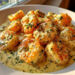 Plump shrimp coated in a rich, creamy Parmesan sauce, garnished with parsley, ready to eat.