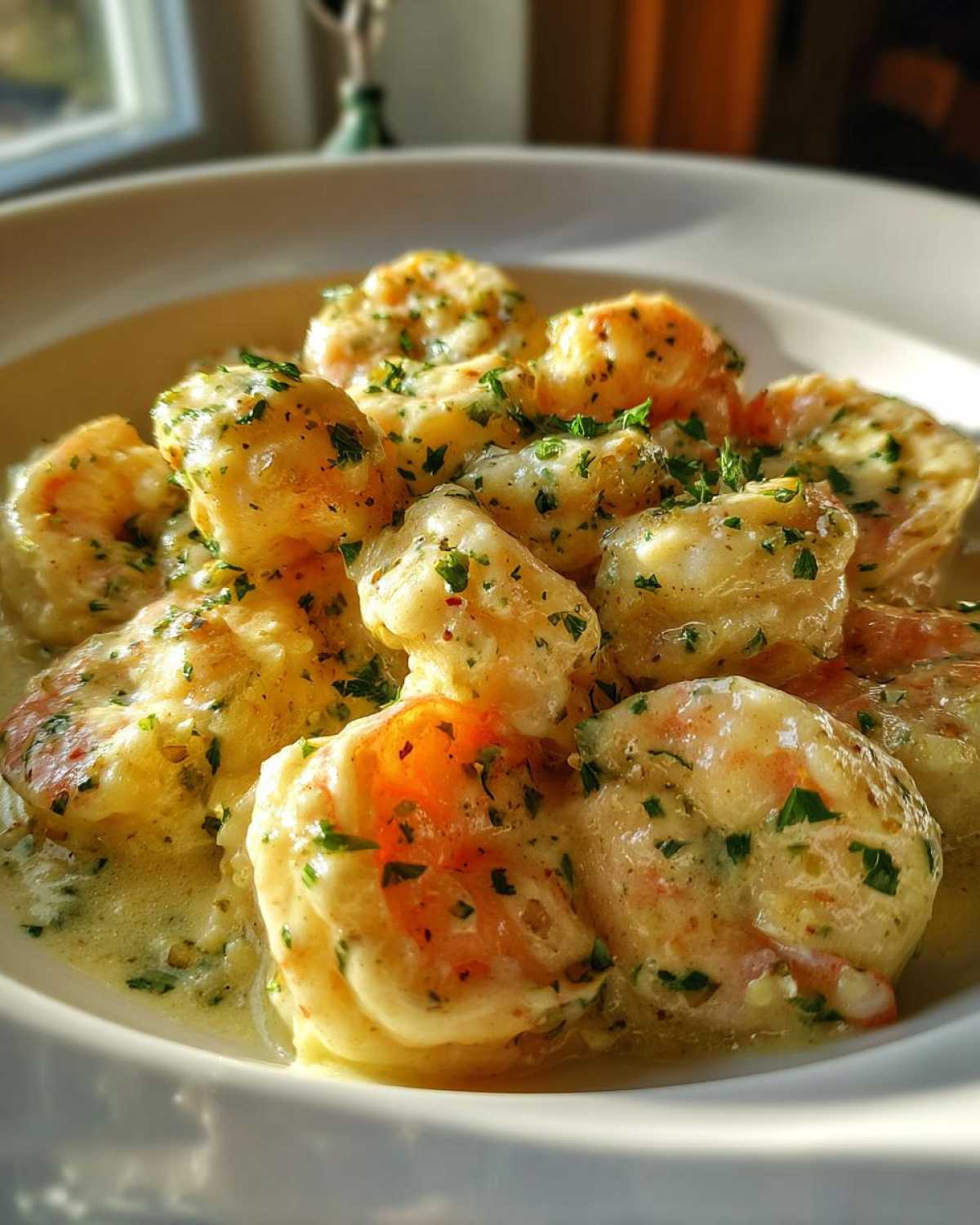 Close-up of plump shrimp coated in a rich Garlic Butter Shrimp with Creamy Parmesan Sauce, garnished with parsley.