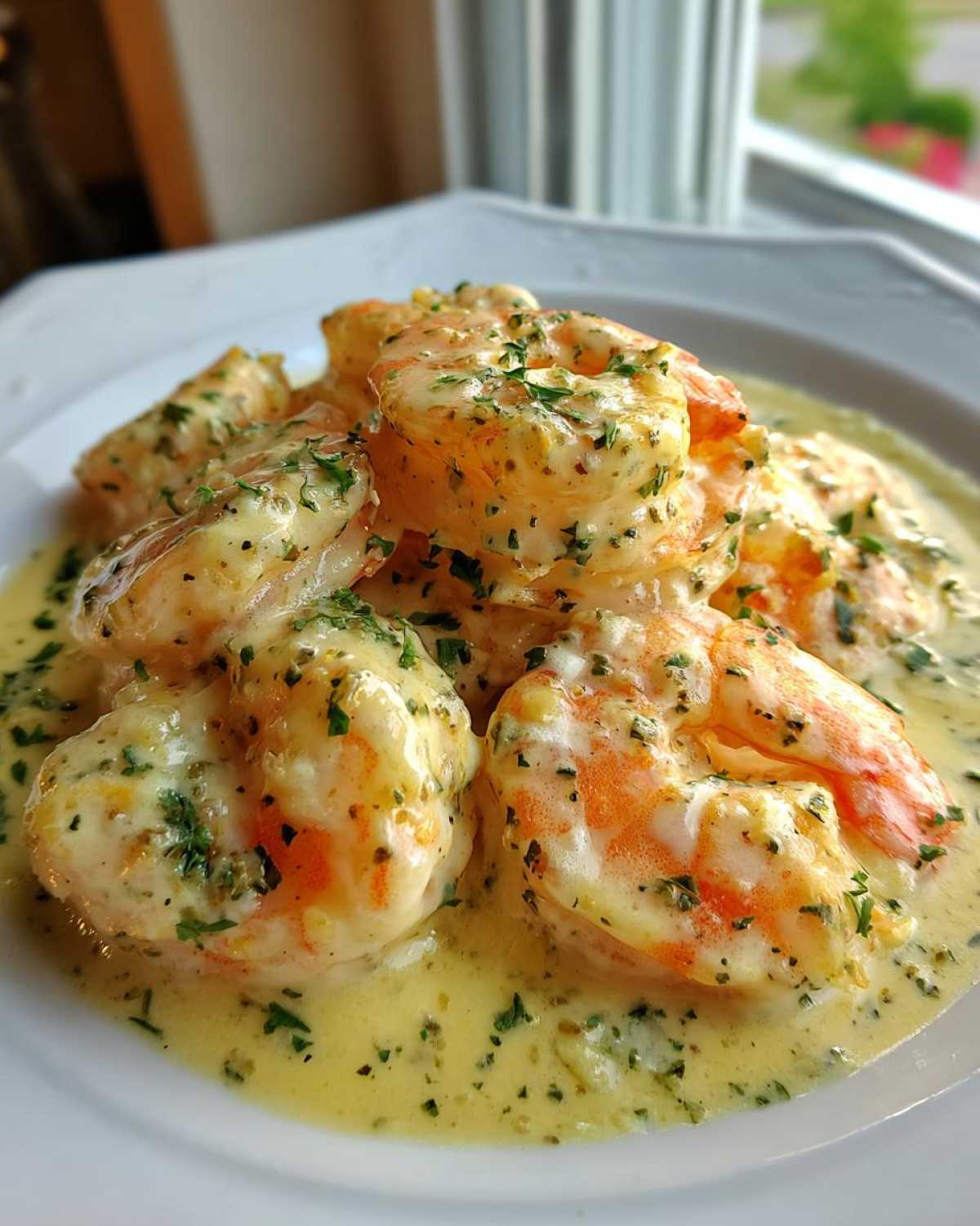 Close-up of plump shrimp coated in a rich Garlic Butter Shrimp with Creamy Parmesan Sauce, garnished with parsley.