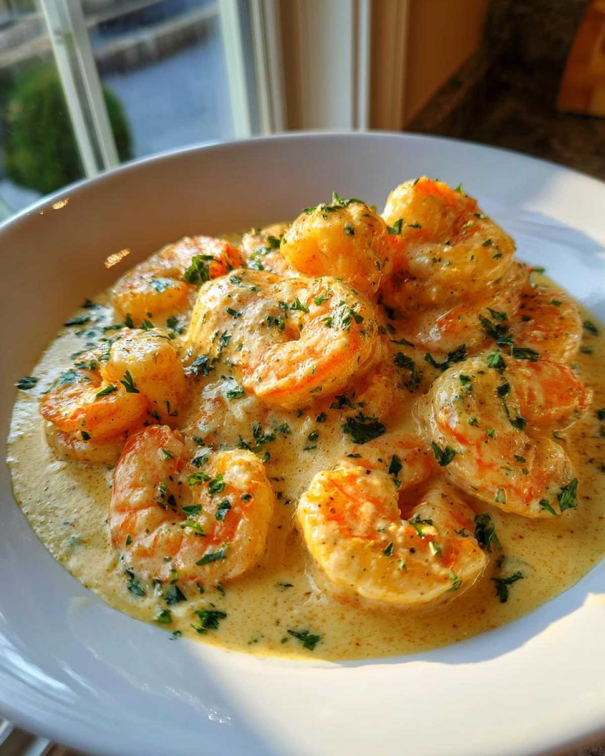 Plump shrimp coated in a rich, creamy Parmesan sauce and sprinkled with fresh parsley, showcasing the Garlic Butter Shrimp.
