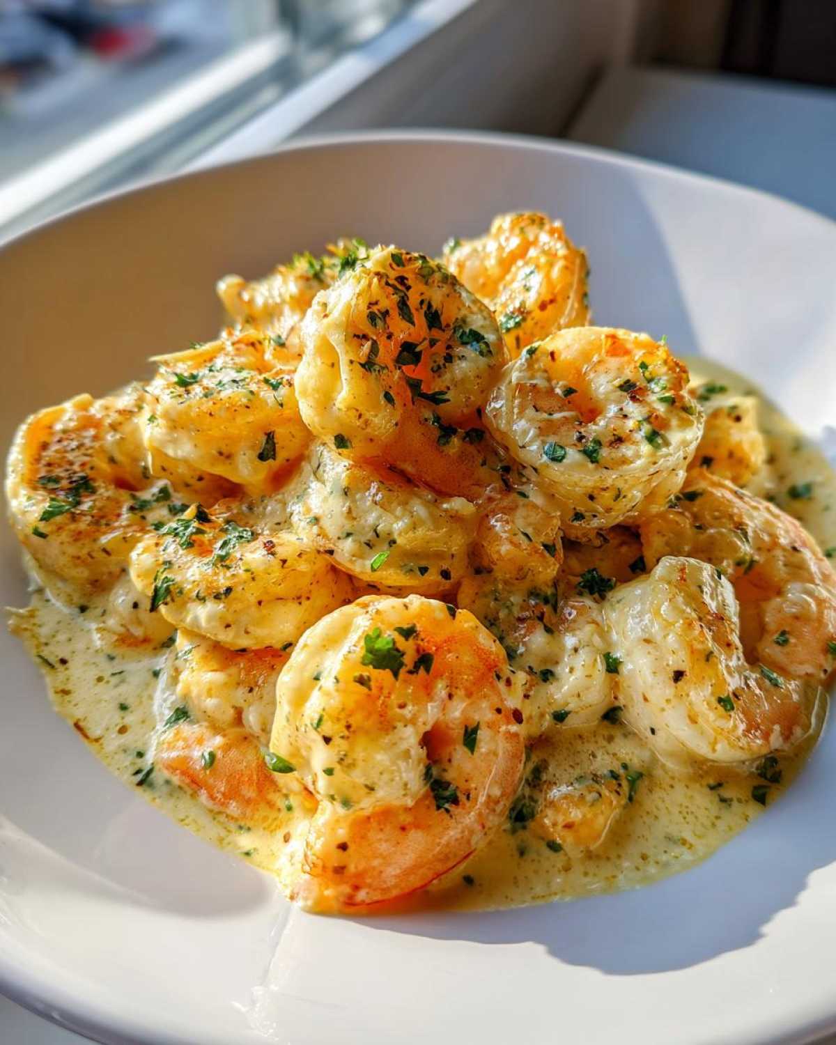 Plump shrimp coated in a rich Garlic Butter Shrimp with Creamy Parmesan Sauce, garnished with parsley.