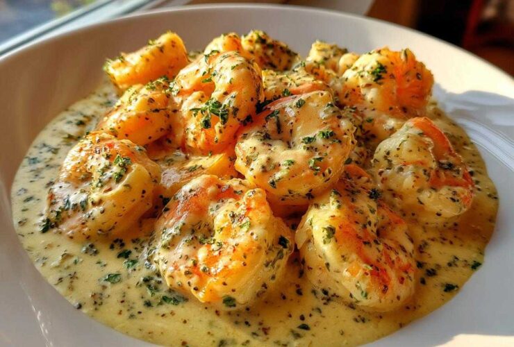 Plump shrimp coated in a rich, creamy Parmesan sauce, garnished with parsley, ready to eat.