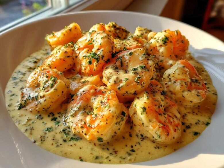Plump shrimp coated in a rich, creamy Parmesan sauce, garnished with parsley, ready to eat.