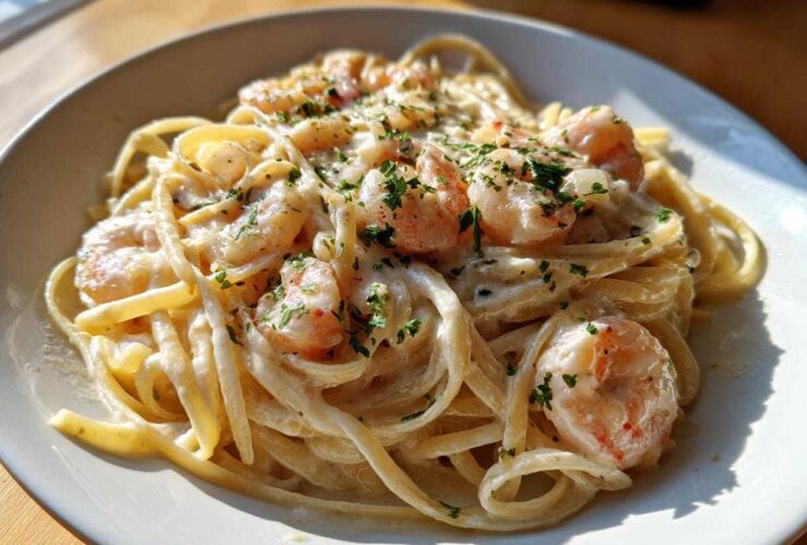 Close-up of a bowl of Garlic Butter Shrimp Pasta with Cream Sauce, topped with fresh parsley.