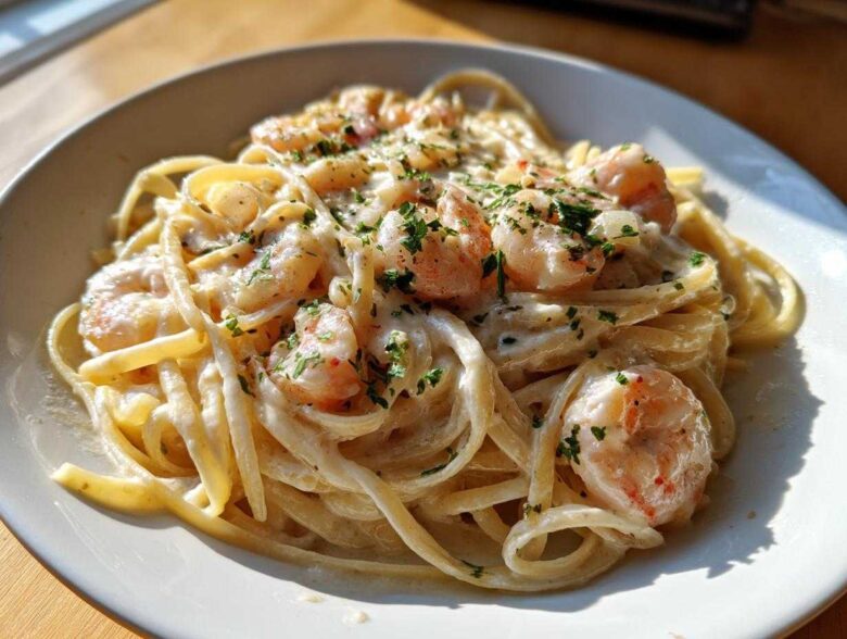 Close-up of a bowl of Garlic Butter Shrimp Pasta with Cream Sauce, topped with fresh parsley.
