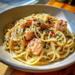 A close-up of rich Garlic Butter Shrimp Pasta with Cream Sauce, topped with Parmesan and parsley.