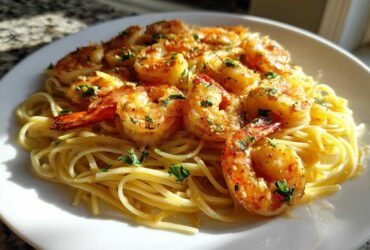 Close-up of Garlic Butter Shrimp with Pasta, featuring sautéed shrimp coated in garlic butter and parsley over linguine noodles.